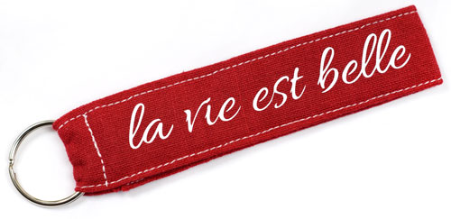 La Vie Est Belle Quote Fabric Wristlet Keychain Key Fob Cloth Red & White Color