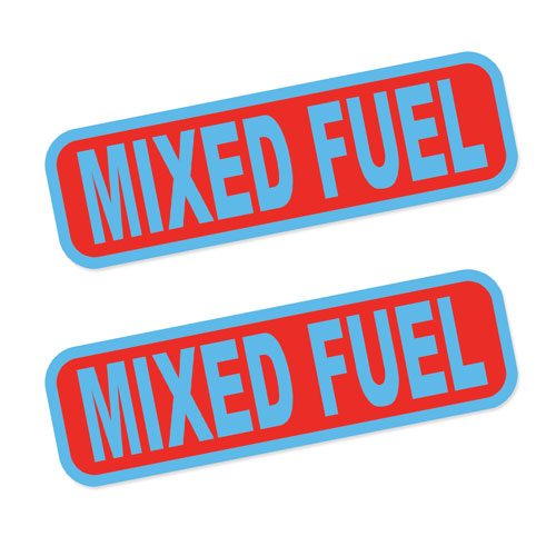 2x Mixed Fuel Only Canister Label Safety Sign Layered Vinyl Stickers / Decals Blue & Red Color