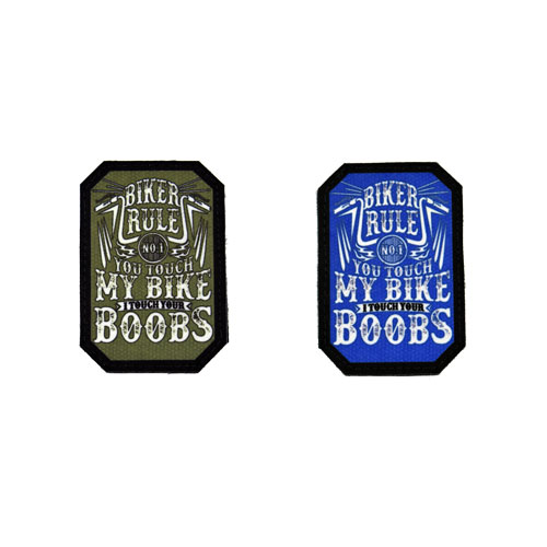 (2x) Biker Rule No 1 You Touch My Bike I Touch Your Boobs Flock Printed Fabric Loop And Hook Patches Polygon Shape