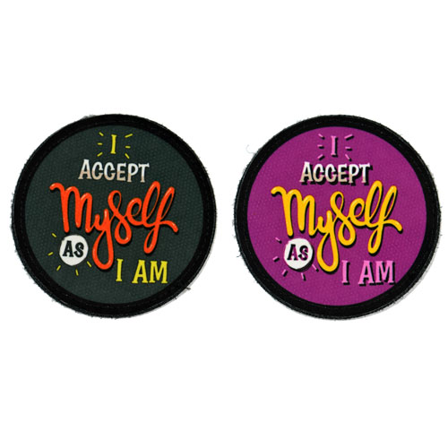 (2x) I Accept Myself As I Am Quote Flock Printed Fabric Loop And Hook Patches Round Shape