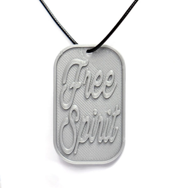 Free Spirit Quote 3D Printed Neck Tag Grey PLA Plastic & Black Synthetic Cord