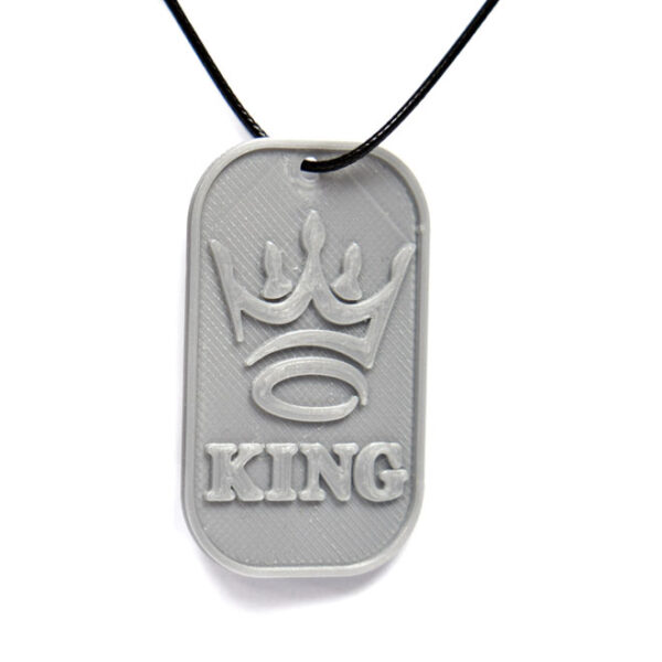 King Crown 3D Printed Neck Tag Grey PLA Plastic & Black Synthetic Cord
