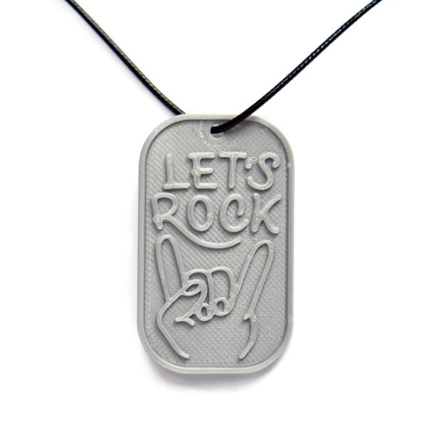 Let’s Rock 3D Printed Neck Tag Grey PLA Plastic & Black Synthetic Cord